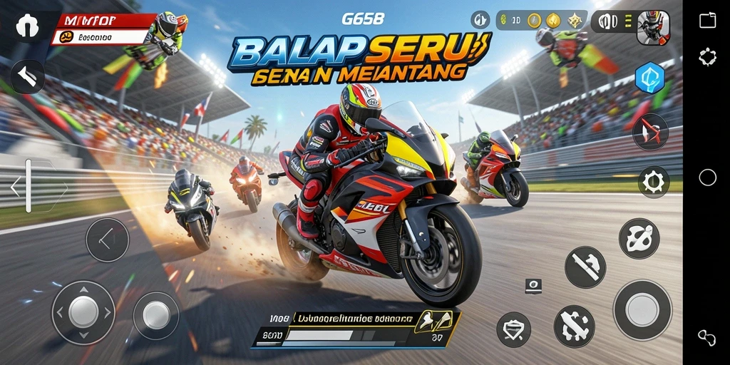 Tampilan gameplay G668 yang mendebarkan di sirkuit balap motor.