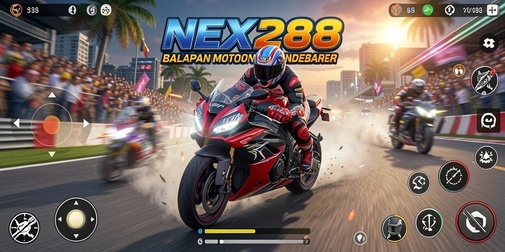 Tampilan seru gameplay NEX288 dengan balapan motor yang mendebarkan.