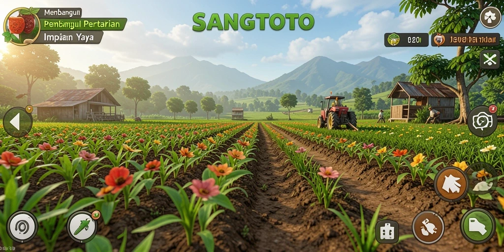 Screenshot gameplay SANGTOTO menampilkan suasana ladang yang subur dan hewan ternak.