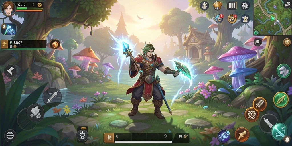 Screenshot gameplay SD107 yang menunjukkan pertarungan epik dalam dunia fantasi.